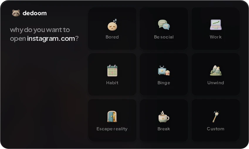 dedoom prompt asking why you want to open the site, with reasons to choose from
